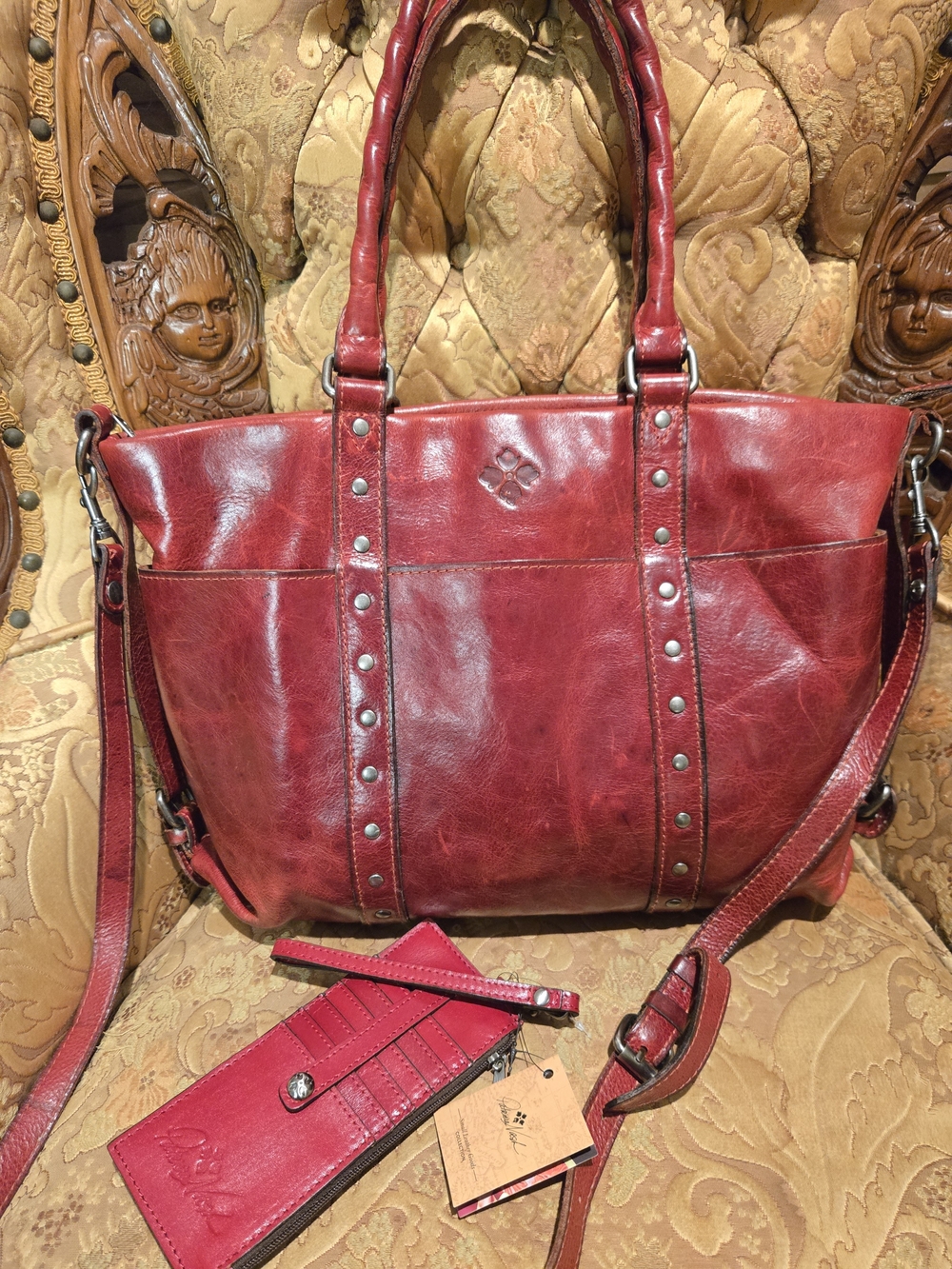 Patricia Nash Red Leather Stud-Accent Carlyle Tote. Detachable Strap. Wallet
